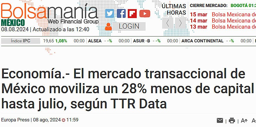 Economa.- El mercado transaccional de Mxico moviliza un 28% menos de capital hasta julio, segn TTR Data